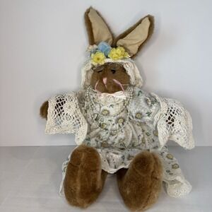 Decorative Easter Bunny‎ Rabbit Plush Brown Floral Dress Crochet Floral Pearl
